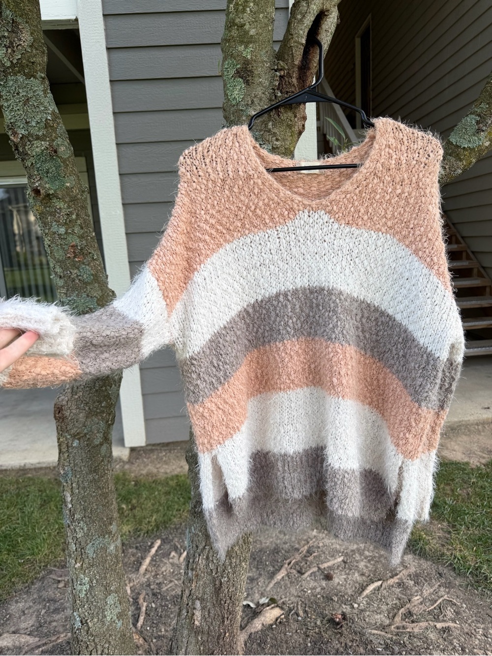 Altar’d State Cozy Striped Fuzzy Pullover Sweater in Peach, Cream & Taupe